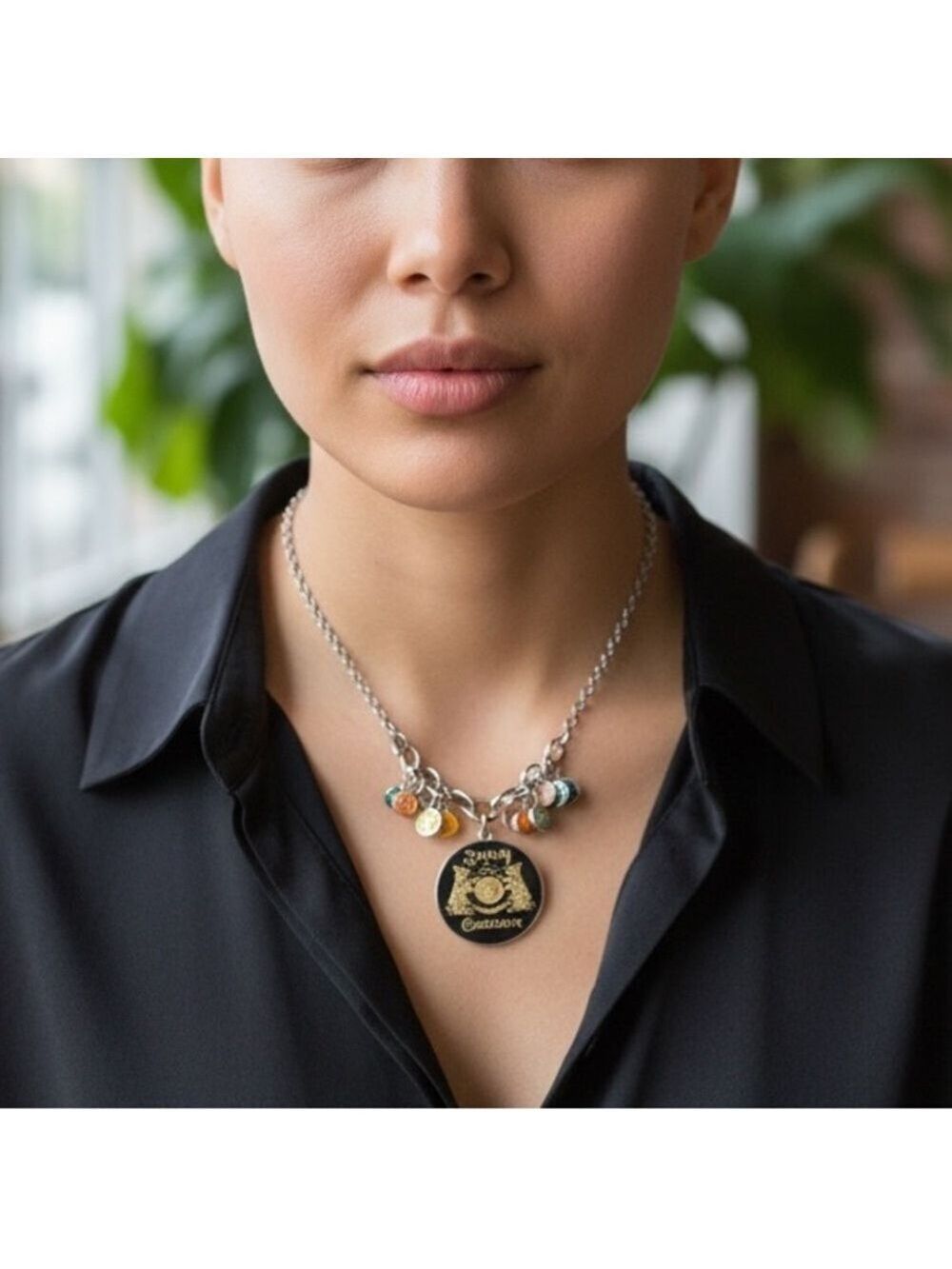 Juicy Couture Vintage Y2K Silver Charm Necklace with Black and Gold Pendant